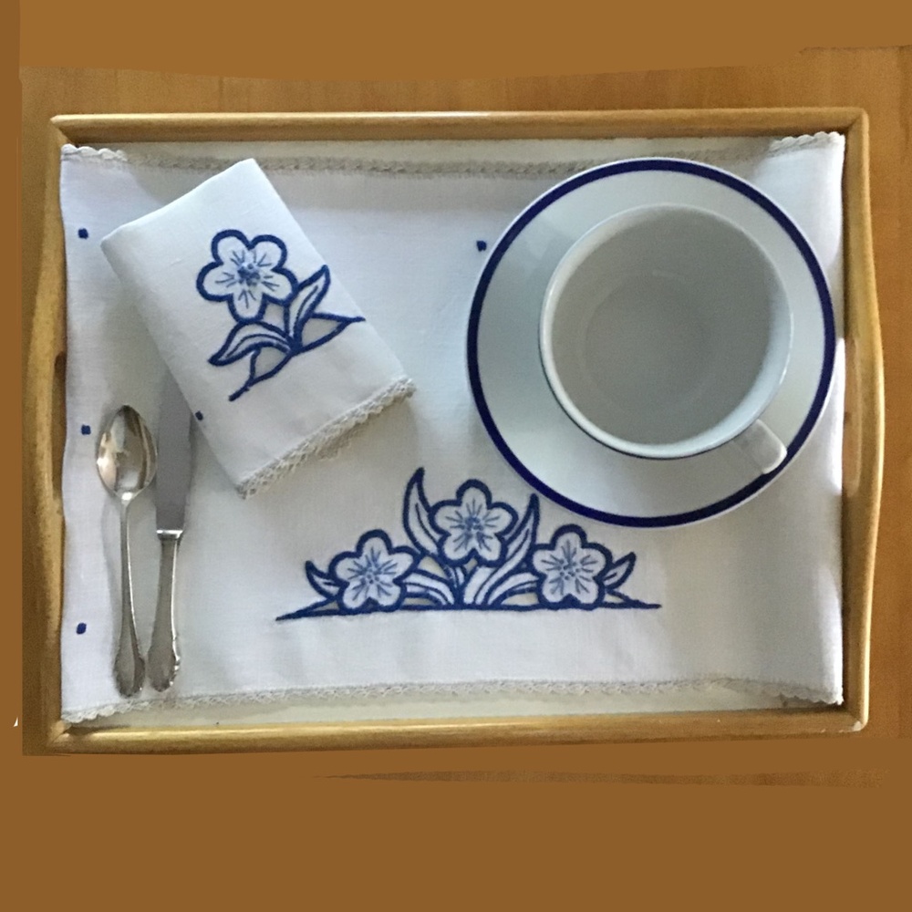 Vintage Raw Linen Embroidered Placemat with Embroidered Napkin